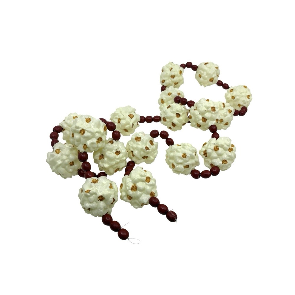Vtg Popcorn And Red Beaded Christmas Tree Garland 65"